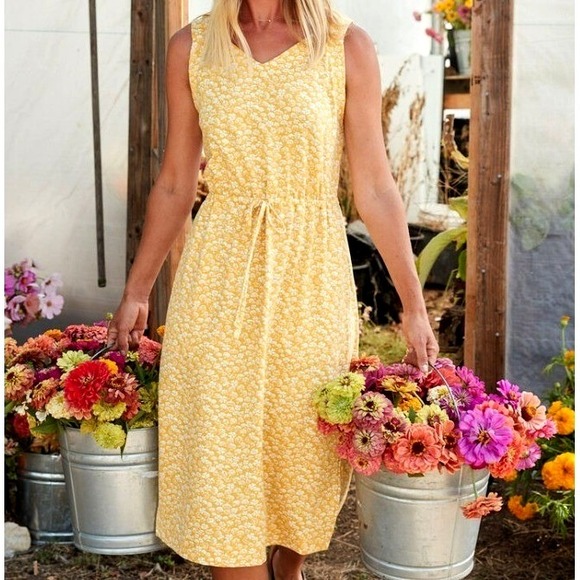 DULUTH TRADING NEW Women's Large Yellow Mushroom Print To n Flow Midi Tank Dress - Picture 1 of 10